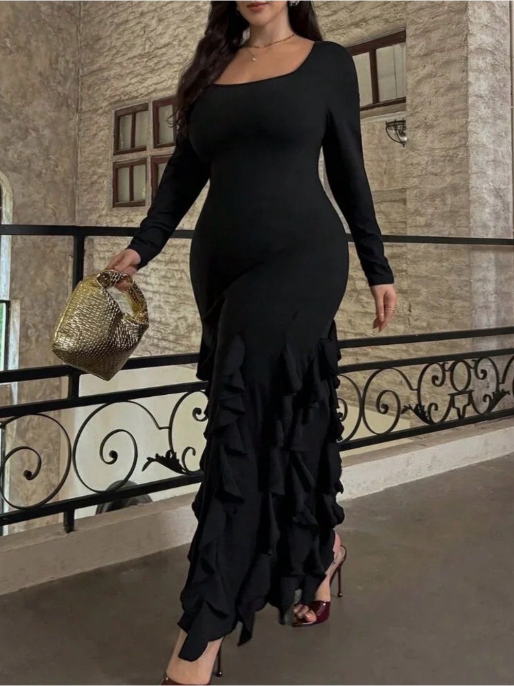 Black Elegant Women's Plus Size Sexy Design Scoop Neck Maxi A-Line Dress